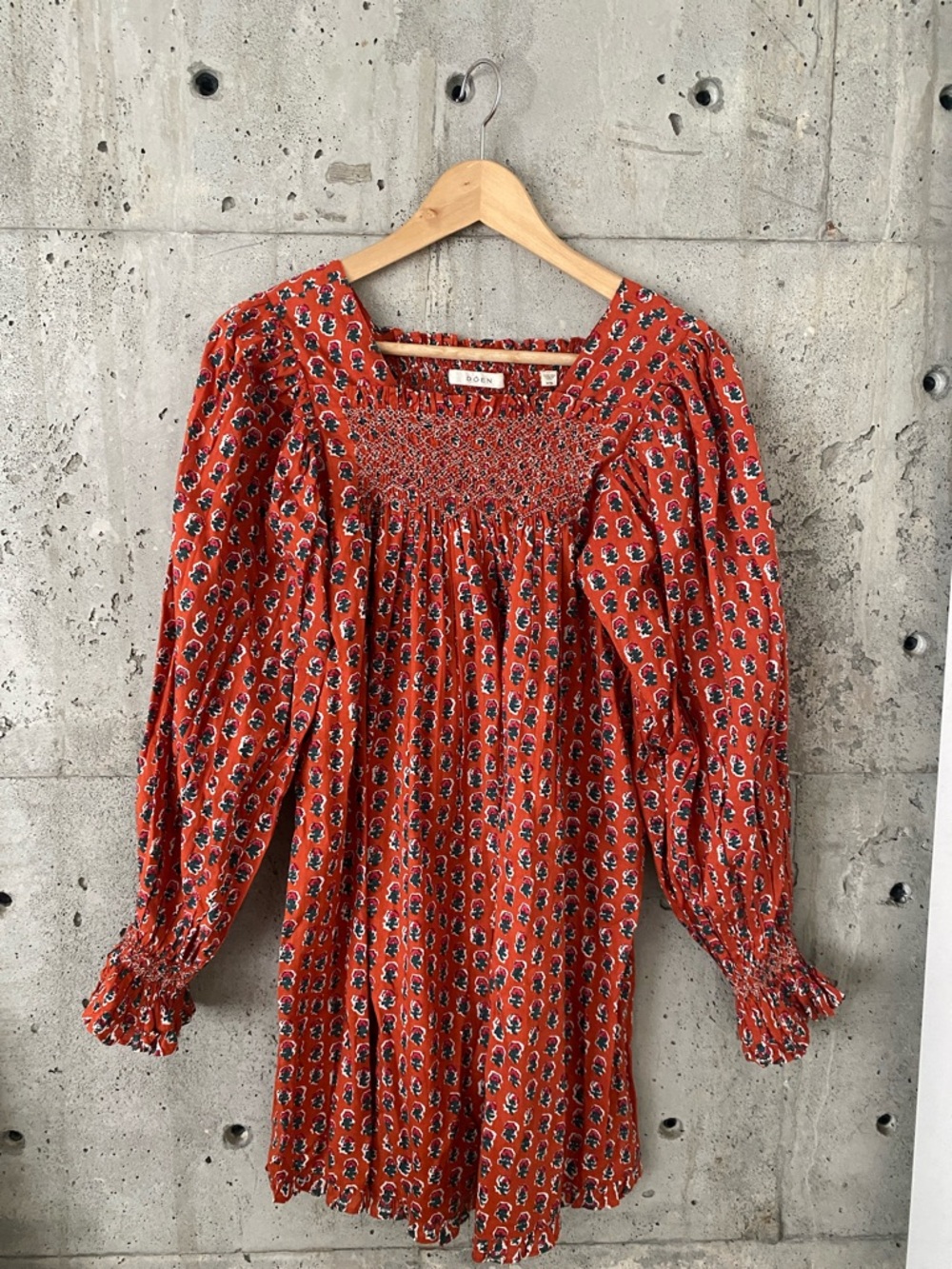 Doen Rust Red Floral Smocked Long Sleeve Dress